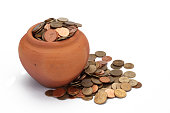 earthen jar, coins in a earthen jar, Lucrative success in business. Saving Money Investment And Interest Concept