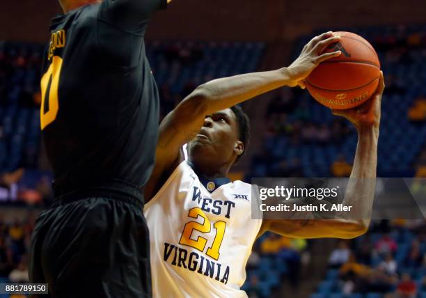 Wesley Harris of the West Virginia Mountaineers in action against the Long Beach State 49ers at the WVU Coliseum on November 20, 2017 in Morgantown,...