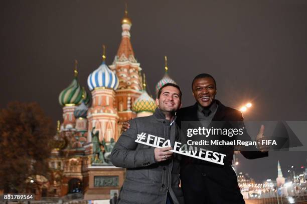 Alexander Kerzhakov and Marcel Desailly pose in Red Square after the announcement of the new 2018 FIFA Fan Fest Ambassadors for the 2018 FIFA World...