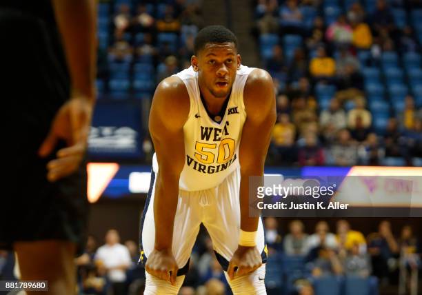 Sagaba Konate of the West Virginia Mountaineers in action against the Long Beach State 49ers at the WVU Coliseum on November 20, 2017 in Morgantown,...