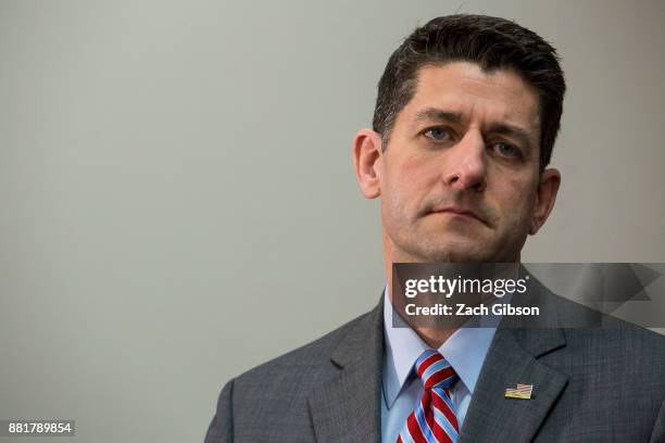 House Speaker Paul Ryan listens during a press conference on Capitol Hill, November 29, 2017 in Washington, DC.