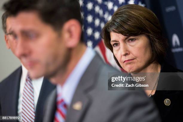 Rep. Cathy McMorris Rodgers, listens as House Speaker Paul Ryan speaks during a press conference on Capitol Hill, November 29, 2017 in Washington, DC.