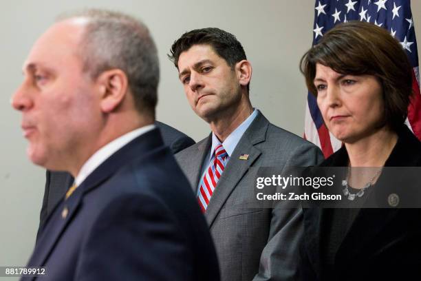 House Speaker Paul Ryan and Rep. Cathy McMorris Rodgers listen as House Majority Whip Steve Scalise speaks during a press conference on Capitol Hill,...