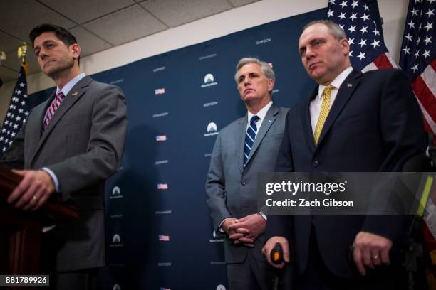 House Speaker Paul Ryan left, House Majority Leader Kevin McCarthy , center, and House Majority Leader Kevin McCarthy , right, hold a press...