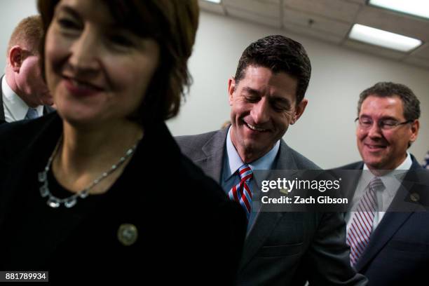 Rep. Cathy McMorris Rodgers House Speaker Paul Ryan , center, and Rep. Gregg Harper, right, leave a press conference on Capitol Hill, November 29,...