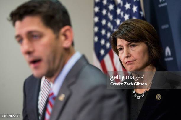 Rep. Cathy McMorris Rodgers, listens as House Speaker Paul Ryan speaks during a press conference on Capitol Hill, November 29, 2017 in Washington, DC.