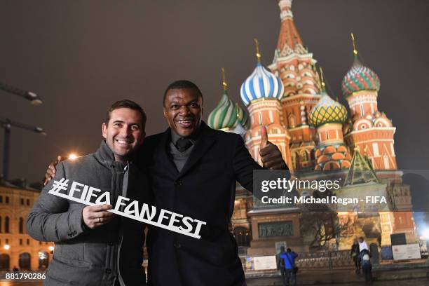 Alexander Kerzhakov and Marcel Desailly pose in Red Square after the announcement of the new 2018 FIFA Fan Fest Ambassadors for the 2018 FIFA World...