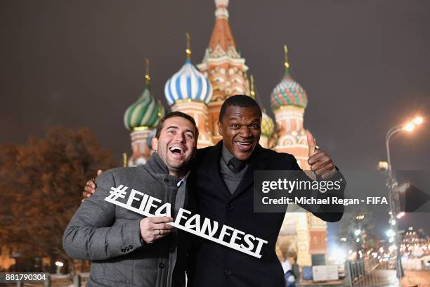 Alexander Kerzhakov and Marcel Desailly pose in Red Square after the announcement of the new 2018 FIFA Fan Fest Ambassadors for the 2018 FIFA World...