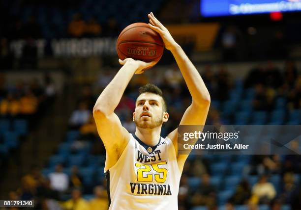 Maciej Bender of the West Virginia Mountaineers in action against the Long Beach State 49ers at the WVU Coliseum on November 20, 2017 in Morgantown,...