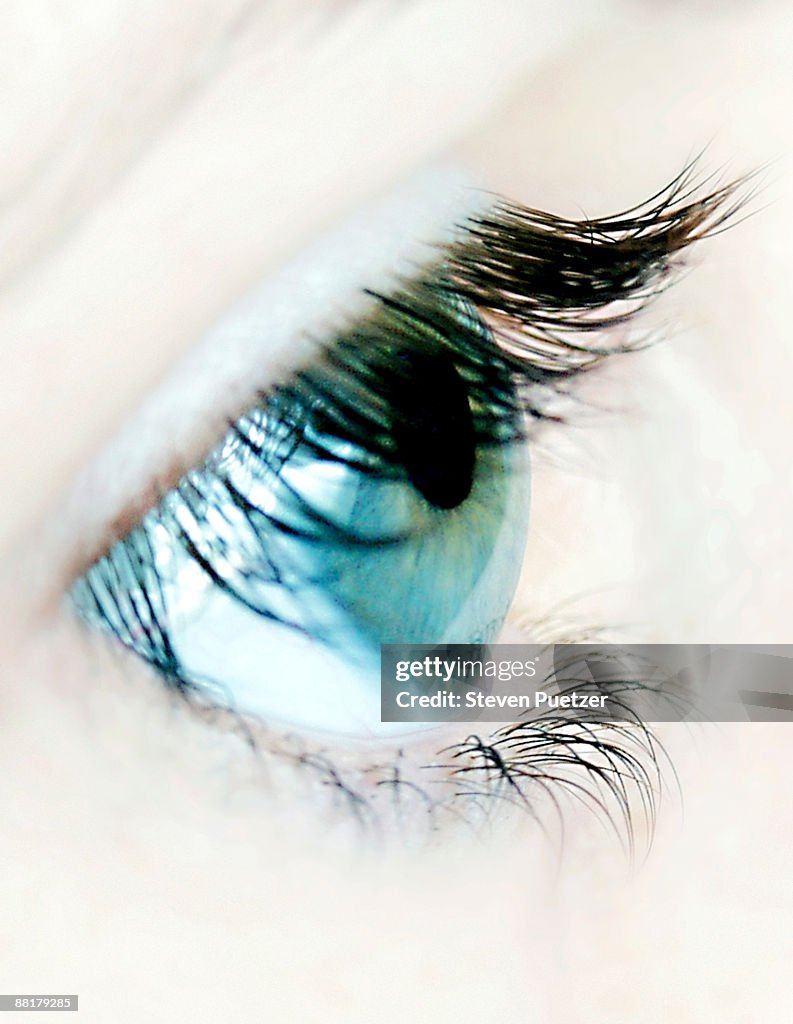 Close up of woman's blue eye