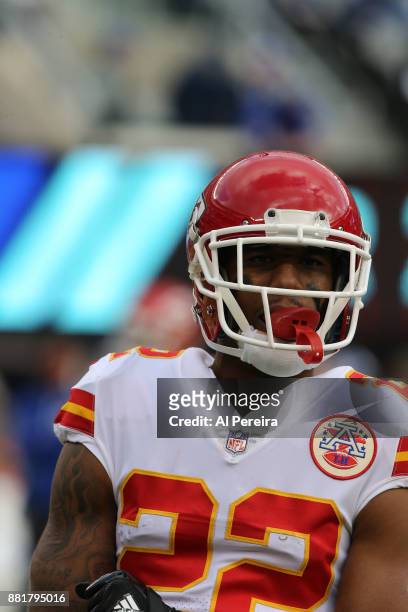 Cornerback Marcus Peters of the Kansas City Chiefs in action against the New York Giants during their game at MetLife Stadium on November 19, 2017 in...