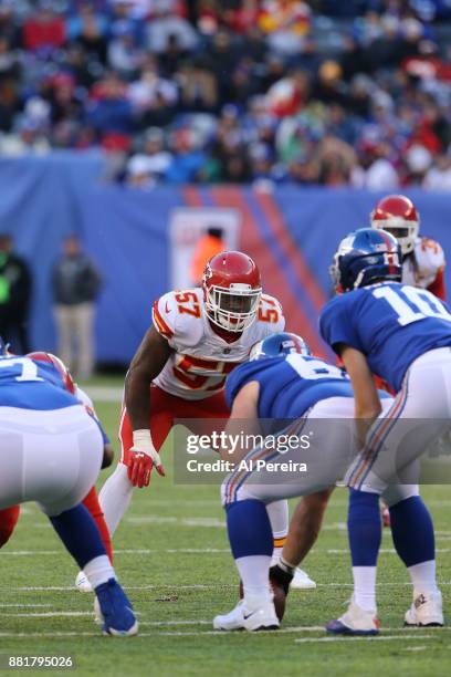 Linebacker Kevin Pierre-Louis of the Kansas City Chiefs in action against the New York Giants during their game at MetLife Stadium on November 19,...