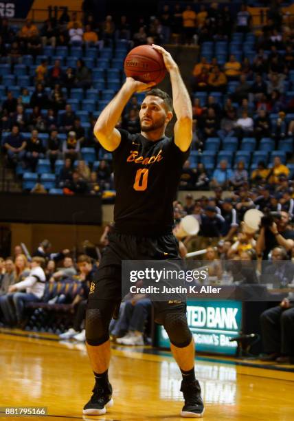 Gabe Levin of the Long Beach State 49ers in action against the West Virginia Mountaineers at the WVU Coliseum on November 20, 2017 in Morgantown,...