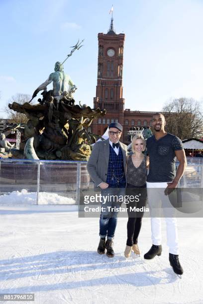 German fashion designer Thomas Rath and german ice skater Annette Dytrt and Yannick Bonheur attend the Holiday On Ice Show Time photo call on...