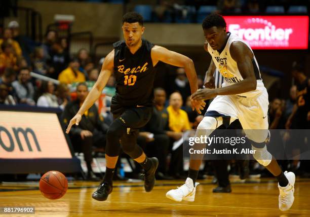 Bryan Alberts of the Long Beach State 49ers in action against the West Virginia Mountaineers at the WVU Coliseum on November 20, 2017 in Morgantown,...