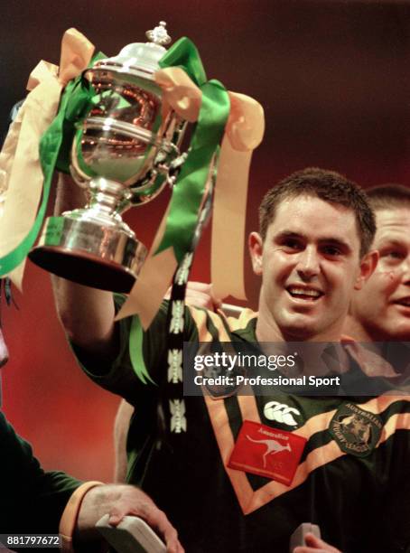 Brad Fittler of Australia holds aloft the Rugby League World Cup following the Final at Wembley Stadium in London on 28th October 1995. Australia won...