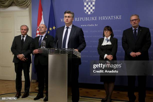 Prime Minister of Croatia Andrej Plenkovic speaks during the press conference on former Croat general Slobodan Praljak's death in Zagreb, Croatia on...