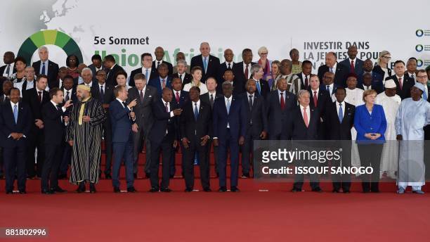 French President Emmanuel Macron, King Mohammed VI of Morocco, European Council President Donald Tusk, Guinea's President Alpha Conde, Ivory Coast's...
