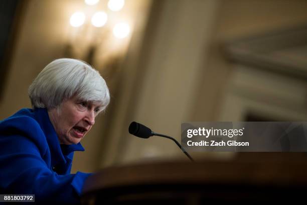 Federal Reserve Chair Janet Yellen testifies during a Joint Economic Committee on Economy Hearing on Capitol Hill November 29, 2017 in Washington,...