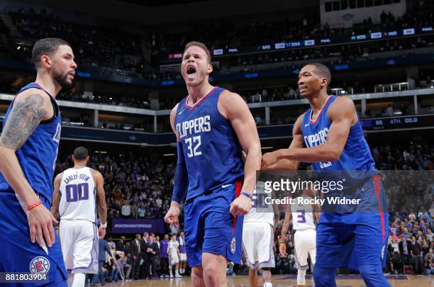 Blake Griffin of the Los Angeles Clippers reacts after making the game winning shot against the Sacramento Kings on November 25, 2017 at Golden 1...