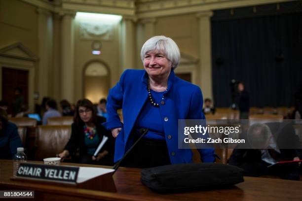 Federal Reserve Chair Janet Yellen departs after testifying during a Joint Economic Committee on Economy Hearing on Capitol Hill November 29, 2017 in...