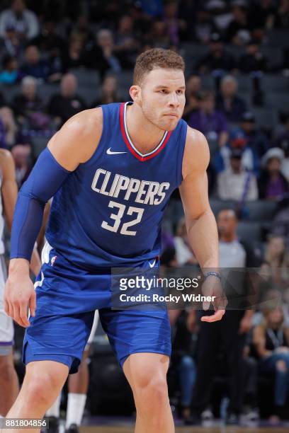 Blake Griffin of the Los Angeles Clippers looks on during the game against the Sacramento Kings on November 25, 2017 at Golden 1 Center in...