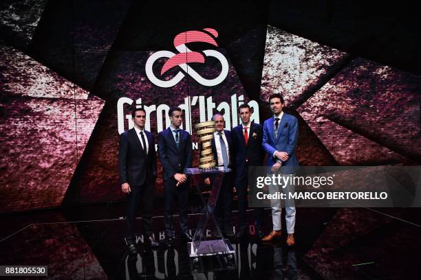 Spain's Alberto Contador , Italy's Fabio Aru , Giro d'Italia director Mauro Vegni , Italy's Vincenzo Nibali and Giro's title holder Tom Dumoulin of...