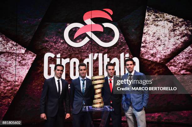Spain's Alberto Contador , Italy's Fabio Aru , Giro d'Italia director Mauro Vegni , Italy's Vincenzo Nibali and Giro's title holder Tom Dumoulin of...