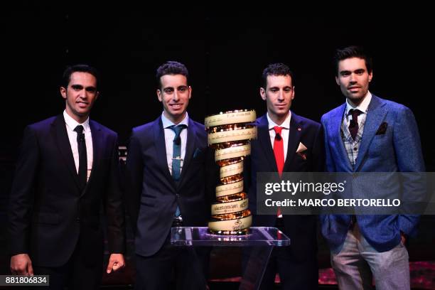 Spain's Alberto Contador , Italy's Fabio Aru , Italy's Vincenzo Nibali and Giro's title holder Tom Dumoulin of Netherlands attend the presentation of...