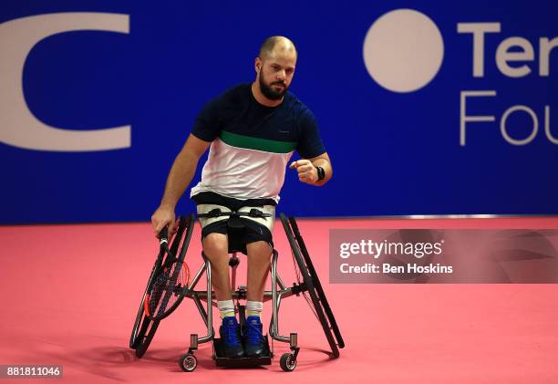 Stefan Olsson of Sweden in action during his first round match against Alfie Hewett of Great Britain on Day 1 of the NEC Wheelchair Tennis Masters at...