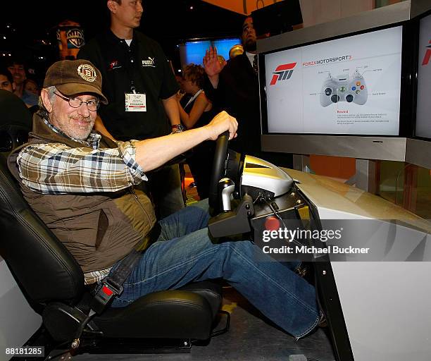 Director Steven Spielberg plays Forza Motorsport 3 during E3 at the Los Angeles Convention Center on June 2, 2009 in Los Angeles, California.