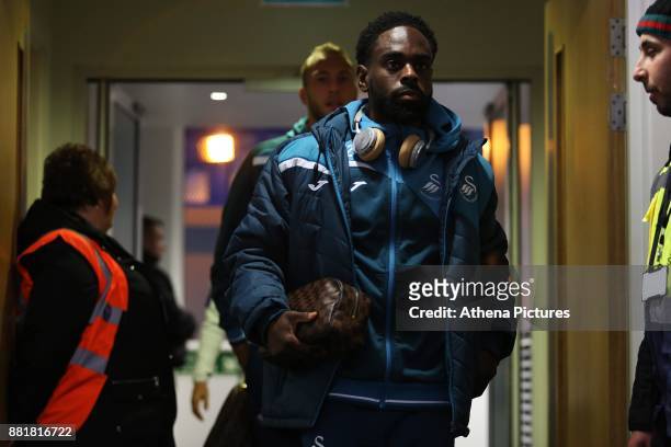 Nathan Dyer of Swansea City arrives at Stamford Bridge prior to kick off of the Premier League match between Chelsea and Swansea City at Stamford...