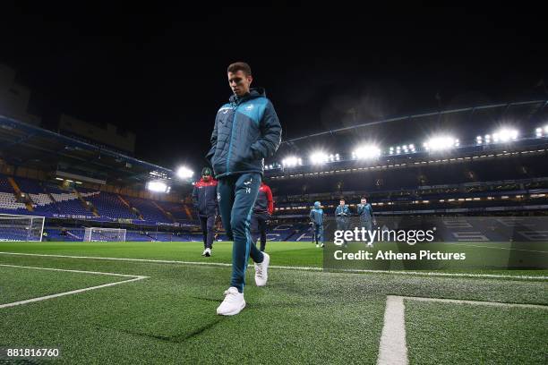 Tom Carroll of Swansea City prior to kick off of the Premier League match between Chelsea and Swansea City at Stamford Bridge on November 29, 2017 in...