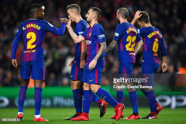 Paco Alcacer of FC Barcelona celebrates after scoring his team's first goal during the Copa del Rey round of 32 second leg match between FC Barcelona...