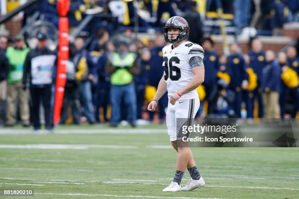 Ohio State Buckeyes kicker Sean Nuernberger prepares to kick an extra point during game action between the Ohio State Buckeyes and the Michigan...