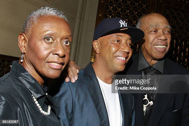 Model Bethann Hardison, record producer Russell Simmons and photographer Jeffrey Holder attend the Gordon Parks Foundation's Celebrating Fashion...