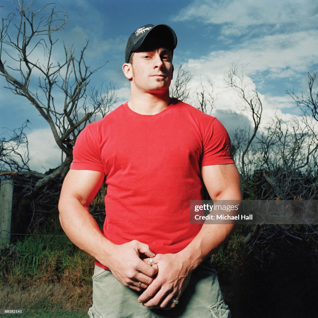 Large fit man in red shirt