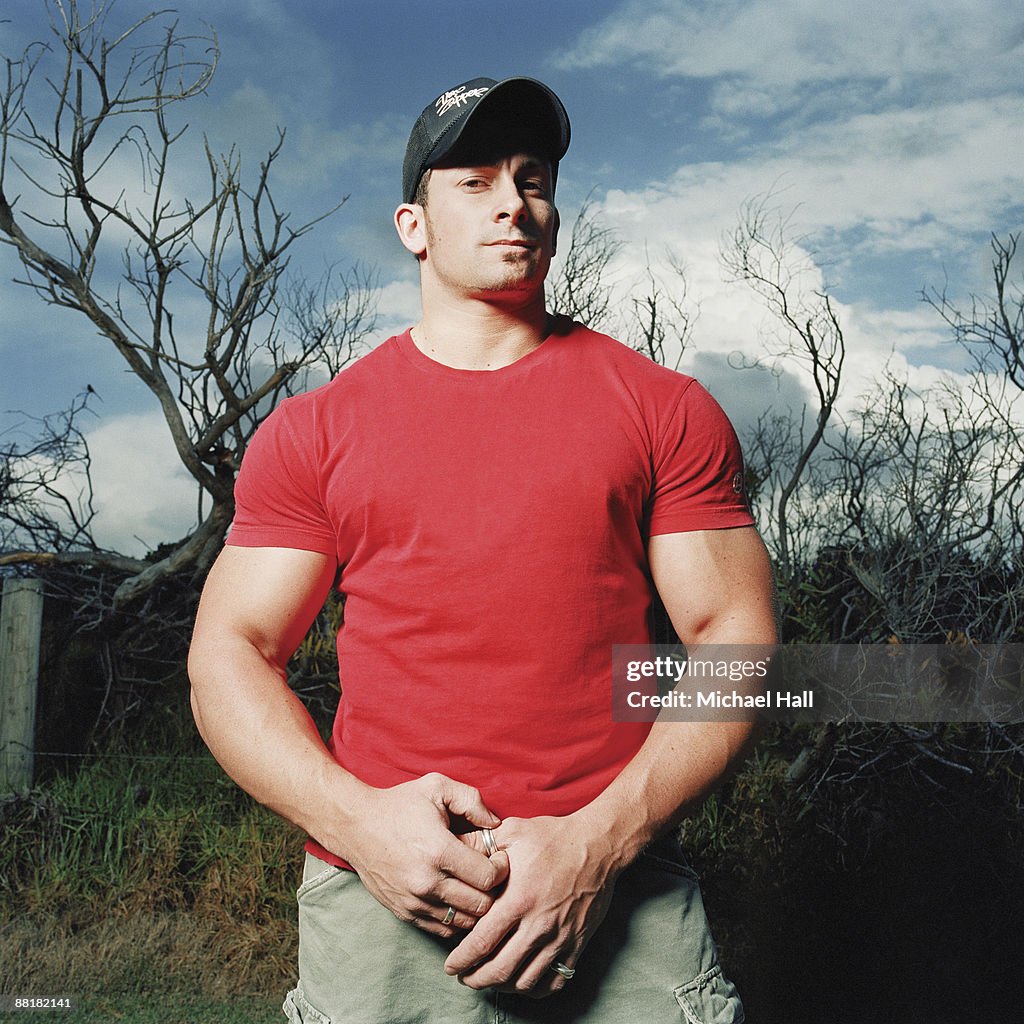 Large fit man in red shirt