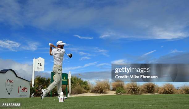 Dustin Johnson of the United States plays during the pro-am prior to the Hero World Challenge at Albany, Bahamas on November 29, 2017 in Nassau,...