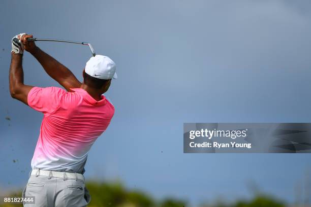 Tiger Woods plays a shot during practice for the Hero World Challenge at Albany course on November 29, 2017 in Nassau, Bahamas.