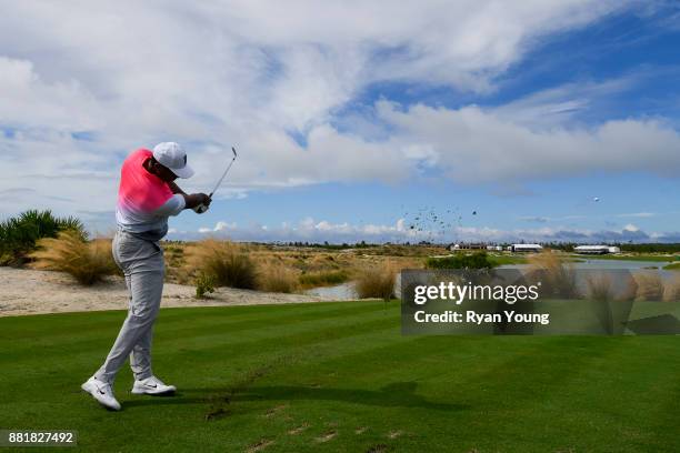 Tiger Woods plays a shot during practice for the Hero World Challenge at Albany course on November 29, 2017 in Nassau, Bahamas.