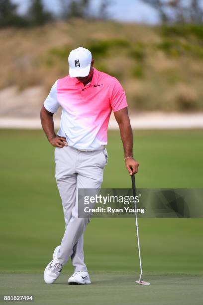 Tiger Woods waits to play his next shot during practice for the Hero World Challenge at Albany course on November 29, 2017 in Nassau, Bahamas.