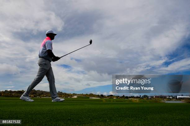 Tiger Woods walks to his next shot during practice for the Hero World Challenge at Albany course on November 29, 2017 in Nassau, Bahamas.