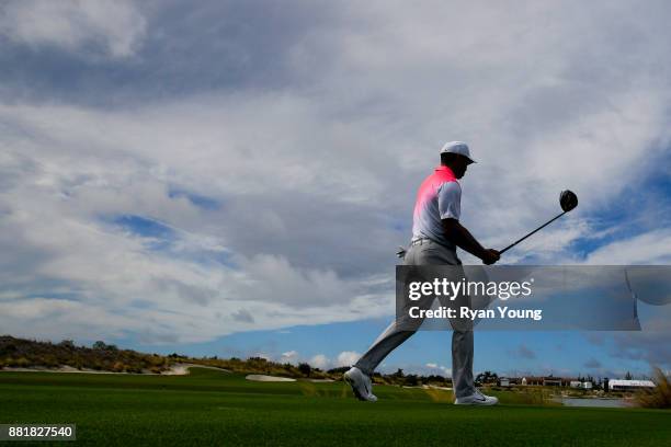 Tiger Woods walks to his next shot during practice for the Hero World Challenge at Albany course on November 29, 2017 in Nassau, Bahamas.