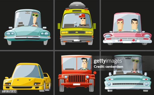 ilustraciones, imágenes clip art, dibujos animados e iconos de stock de vintage vista frontal conjunto (vector) - mechanical drawing car