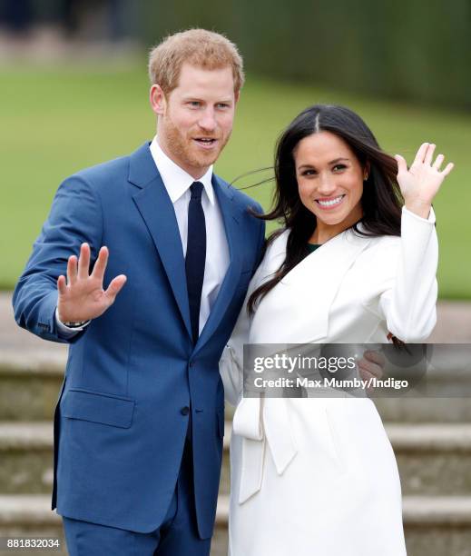 Prince Harry and Meghan Markle attend an official photocall to announce their engagement at The Sunken Gardens, Kensington Palace on November 27,...