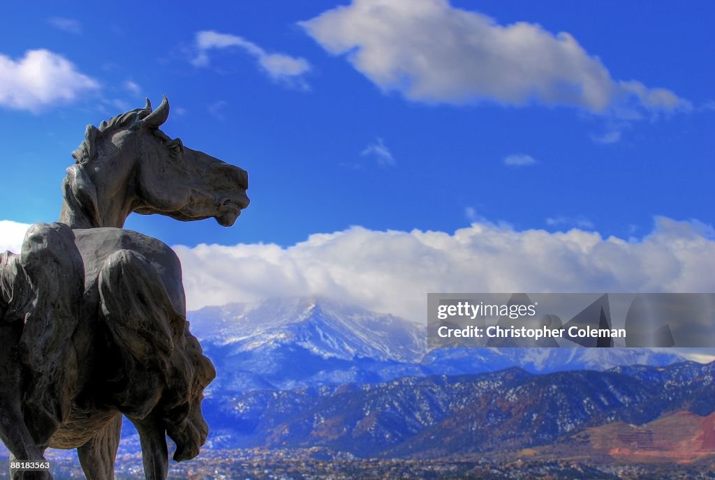 Mustang facing Pikes Peak