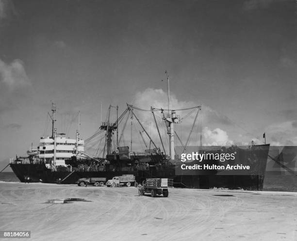 The US Coast Guard supply ship Kukui makes its annual stop at Saipan Island in the Northern Mariana Islands, February 1949.