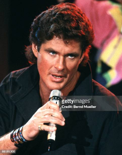 American actor and singer David Hasselhoff performs on Wetten, dass..? tv show in Hof, Germany on March 4 1989.