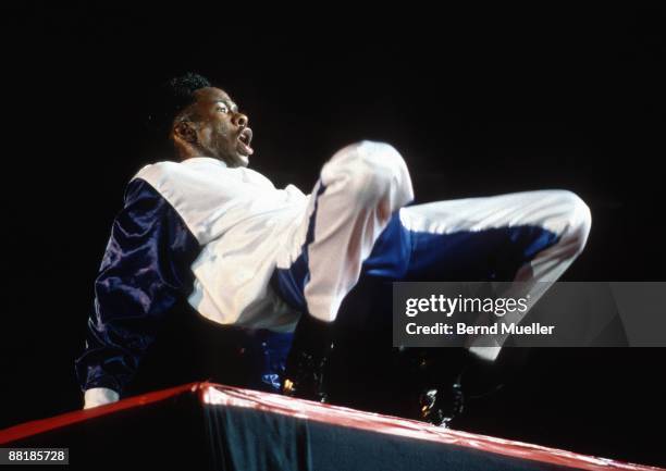 American singer Bobby Brown performs on stage at the Festhalle in Frankfurt, Germany in 1990.